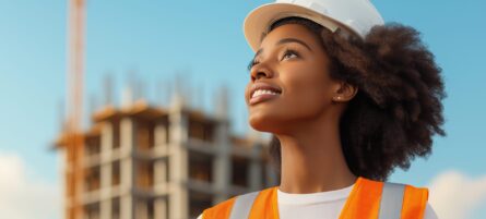 A woman wearing a hard hat and orange vest stands in front of a building A woman wearing a hard hat and orange vest stands in front of a building. She is smiling and looking up at the sky